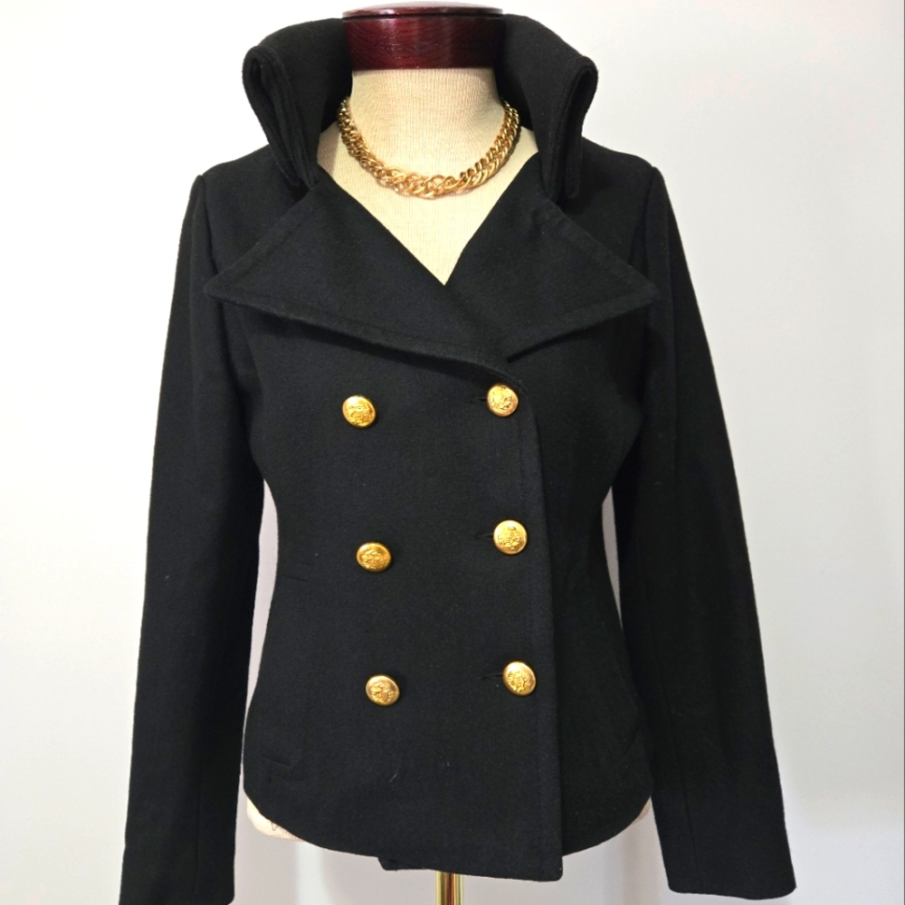 MAX MARA Virgin Wool Cropped Black Peacoat. Gold Buttons, High Ribbed Collar. M - Picture 1 of 12